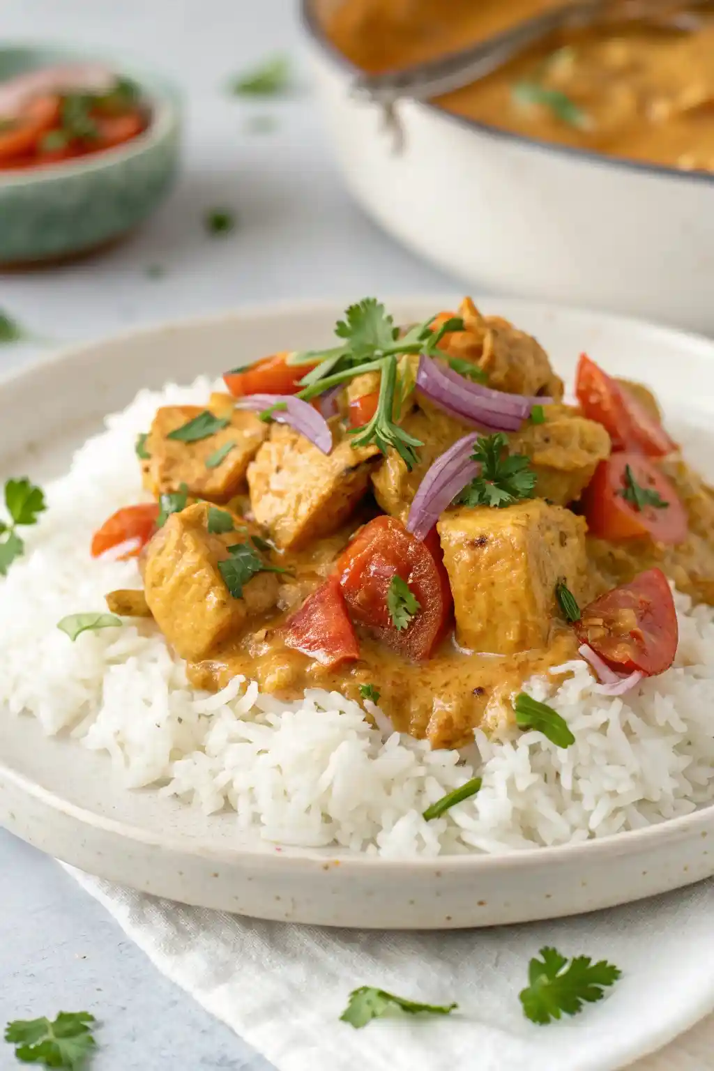 Tender chicken simmered in coconut curry sauce, plated over rice and finished with fresh herbs on a white ceramic dish.