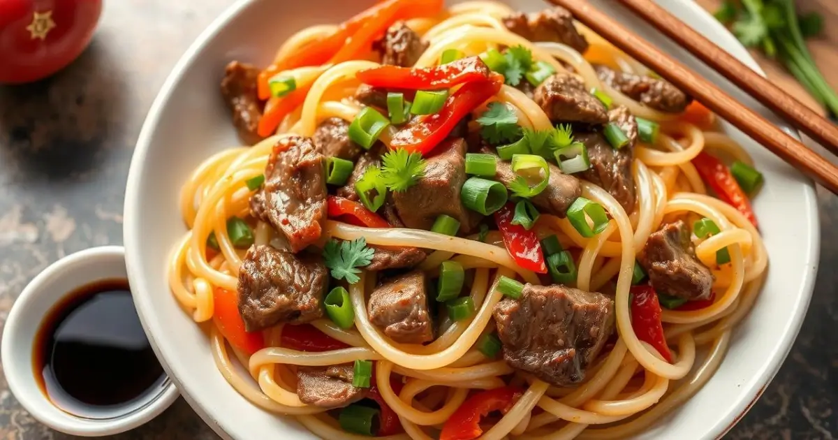 A vibrant plate of beef chow fun featuring glossy